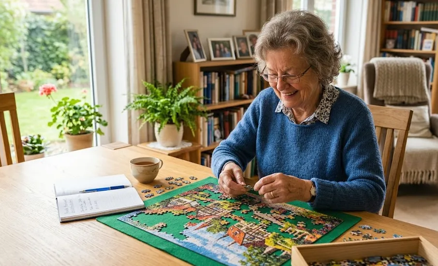 Eine ältere Frau sitzt an einem Tisch und macht ein Puzzle.