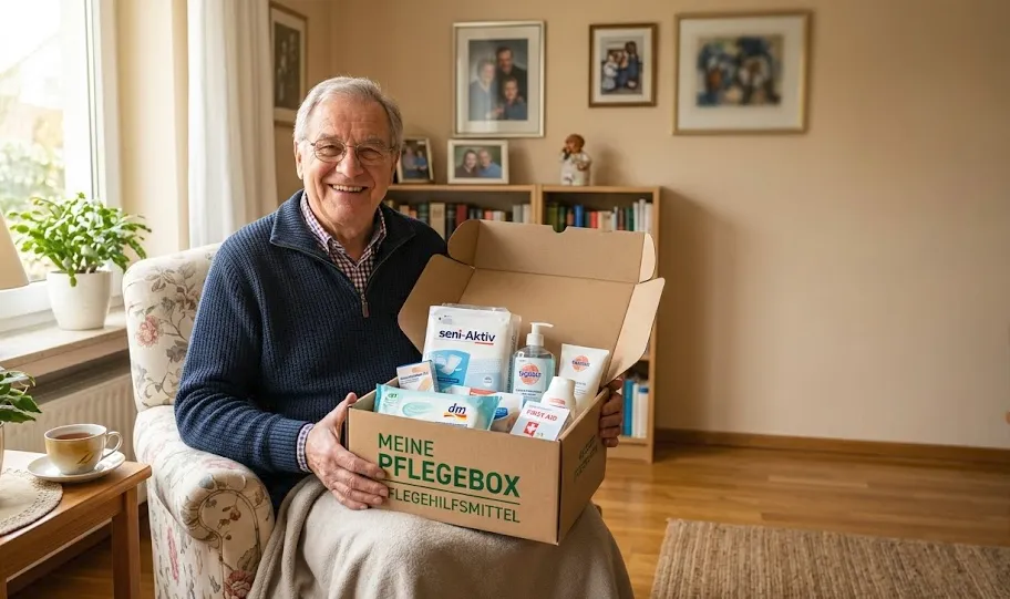 Ein älterer Herr sitzt lächelnd in einem Sessel und hält eine Pflegebox mit verschiedenen Pflegeartikeln.