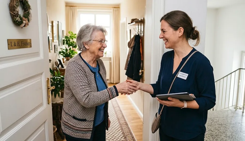 Eine Pflegekraft besucht eine ältere Dame zu Hause und gibt ihr ein Tablet.