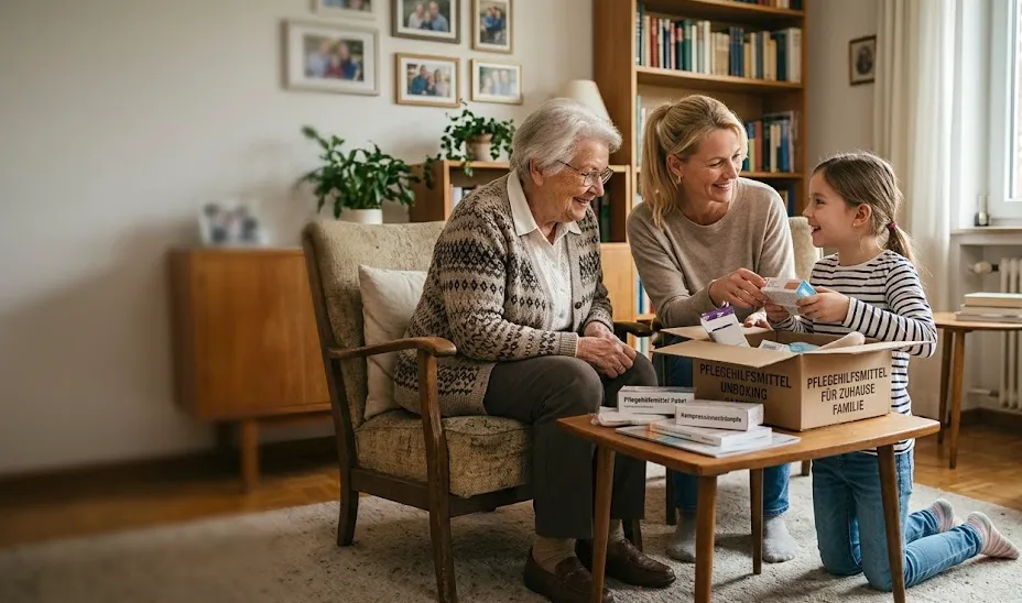Drei Generationen in einem Wohnzimmer, eine ältere Frau, eine erwachsene Frau und ein Kind sitzen um einen Tisch herum.
