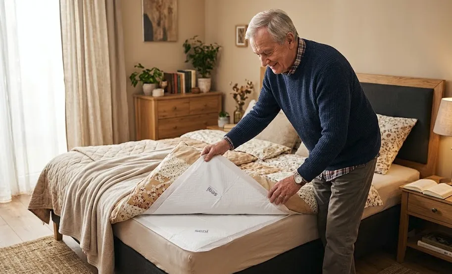 Ein älterer Mann legt eine Matratzenauflage auf ein Bett