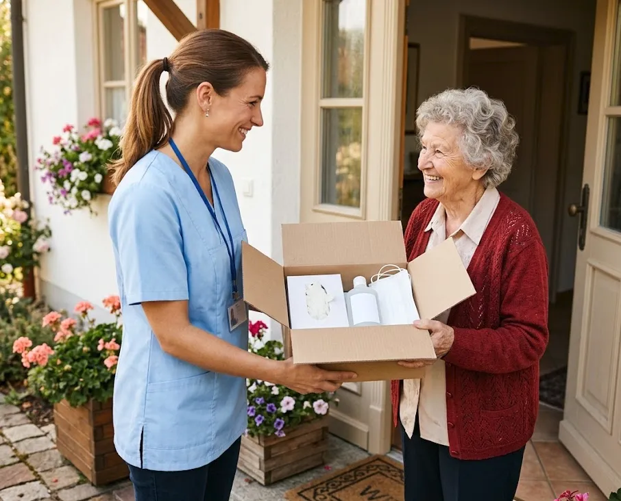 pflegerin gibt älterer Dame Geschenkbox