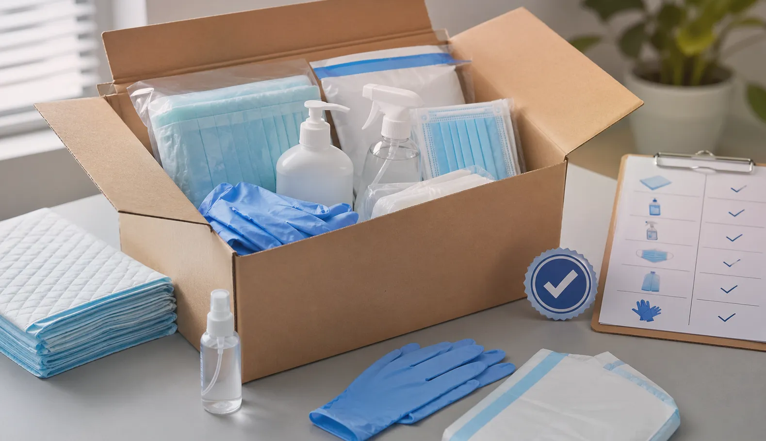 Offene Box mit medizinischen Produkten wie Handschuhen, Mundschutz und Desinfektionsmitteln