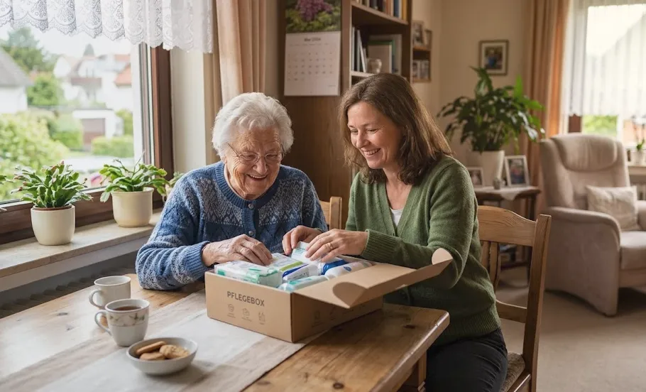 Zwei Frauen öffnen eine Pflegebox am Tisch